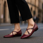 Women's Leather Ballet Flats Almond Toe Cross-Strap Wedge