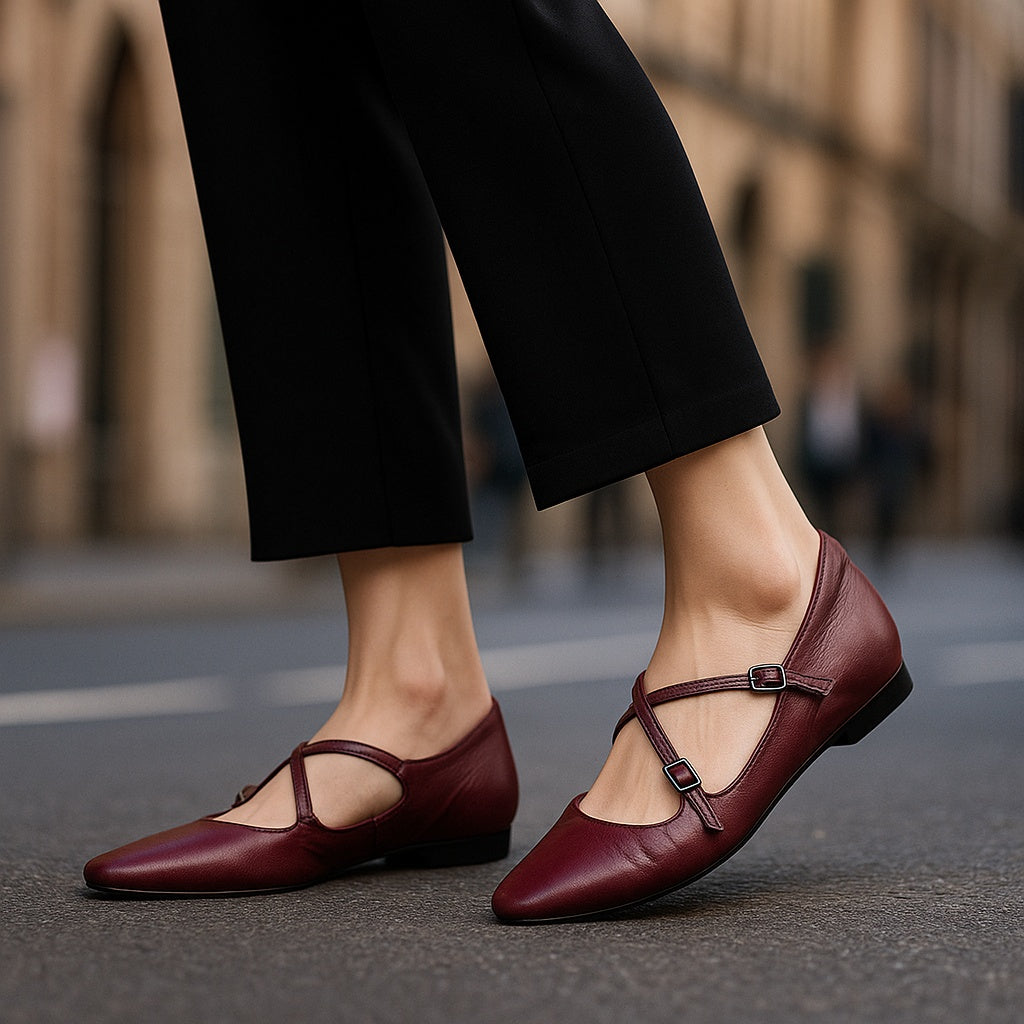 Women's Leather Ballet Flats Almond Toe Cross-Strap Wedge