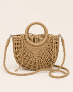 Solene Straw Beach Bag Round Handle Detail Drawstring Closure Khaki