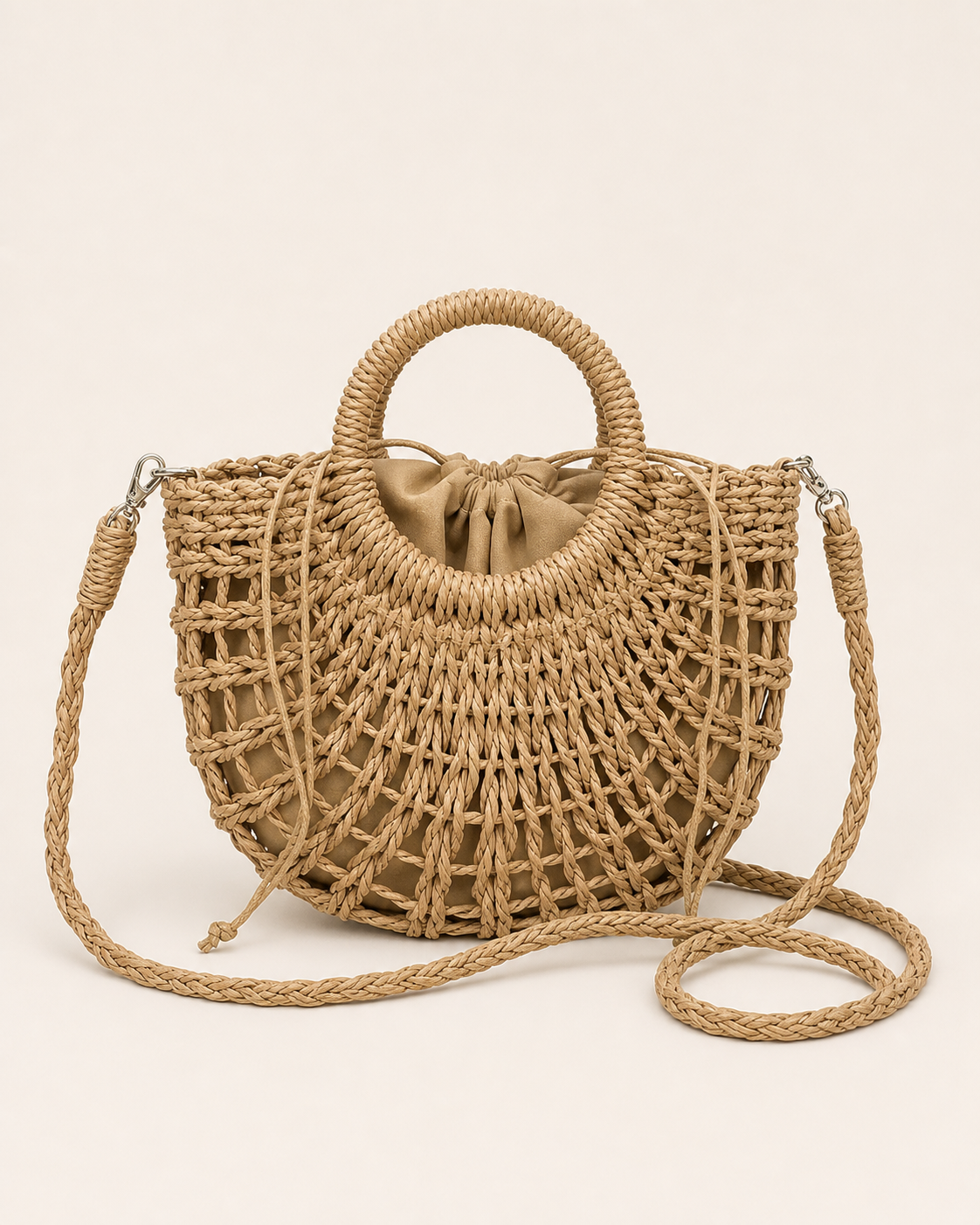 Solene Straw Beach Bag Round Handle Detail Drawstring Closure Khaki