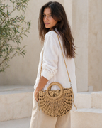 Solene Straw Beach Bag Round Handle Detail Drawstring Closure Khaki