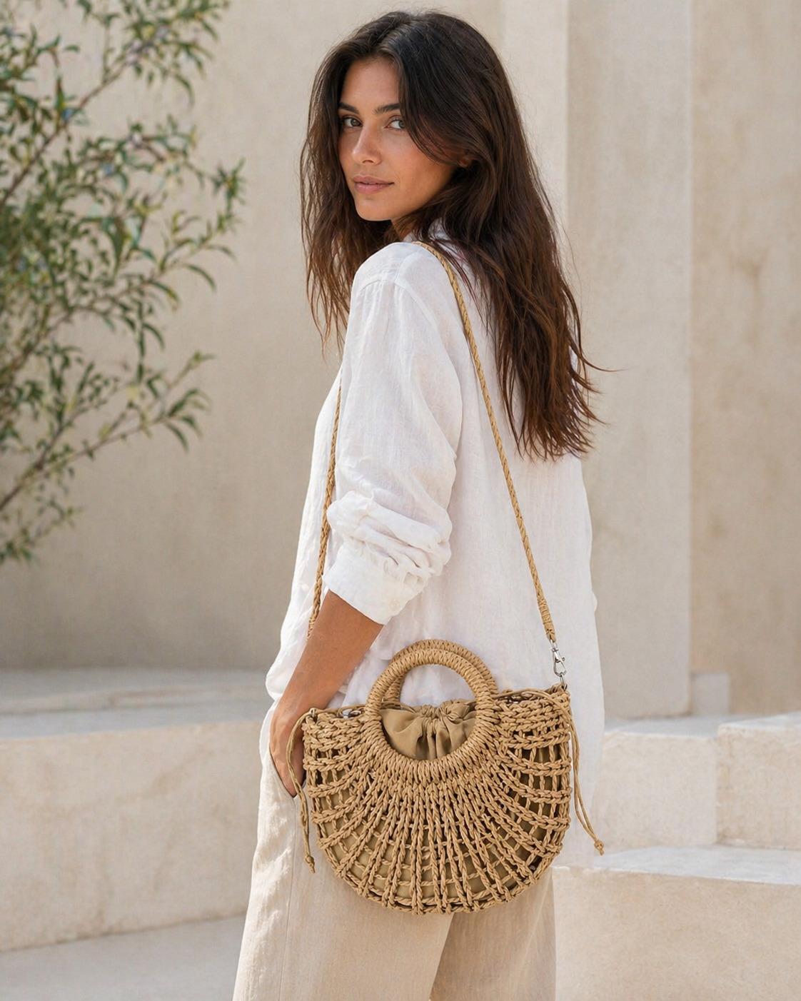 Solene Straw Beach Bag Round Handle Detail Drawstring Closure Khaki