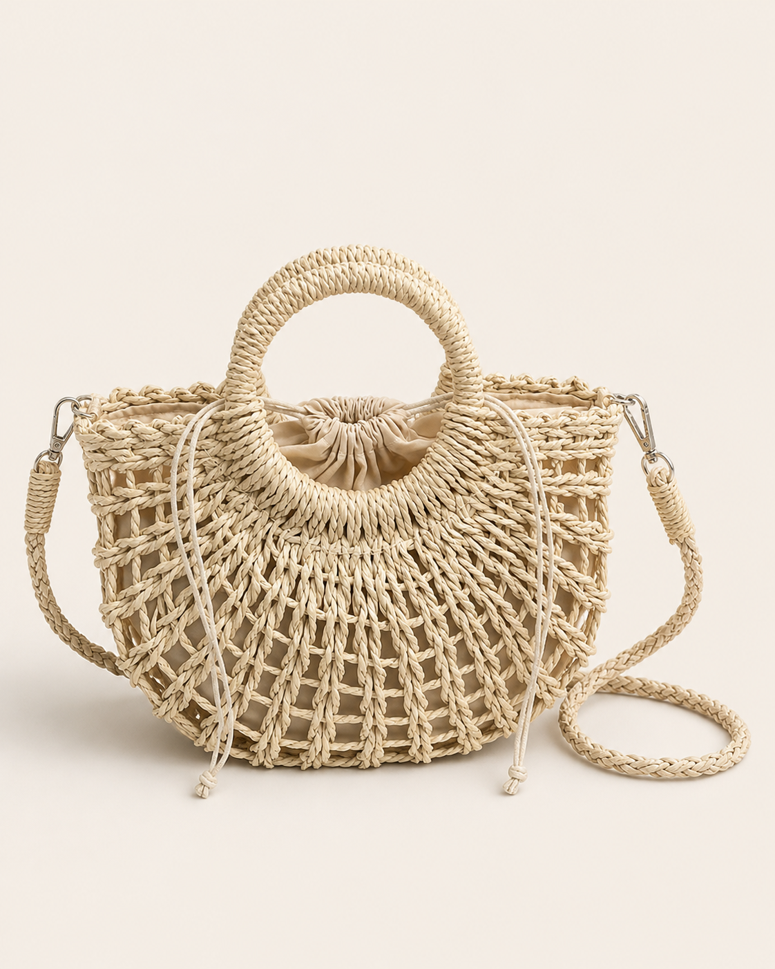 Solene Straw Beach Bag Round Handle Detail Drawstring Closure Khaki