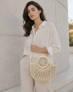 Solene Straw Beach Bag Round Handle Detail Drawstring Closure Khaki