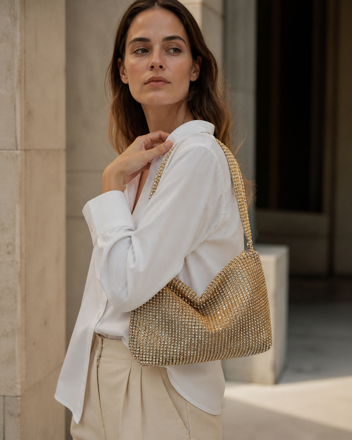 Tavira Rhinestone Shoulder Bag Structured Shape Zip Closure Gold