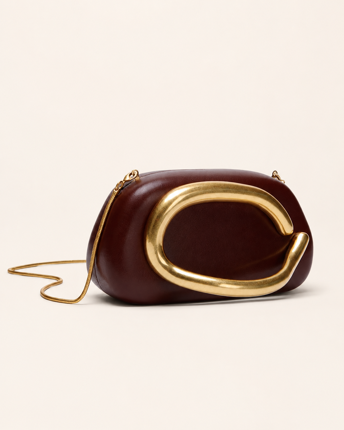 Vanya Sculptural Clutch Bag Rounded Shape Metallic Accent Chain Strap Brown