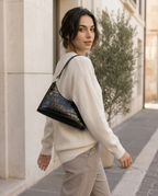 Vireya Croc Effect Shoulder Bag Curved Shape Zip Closure Black