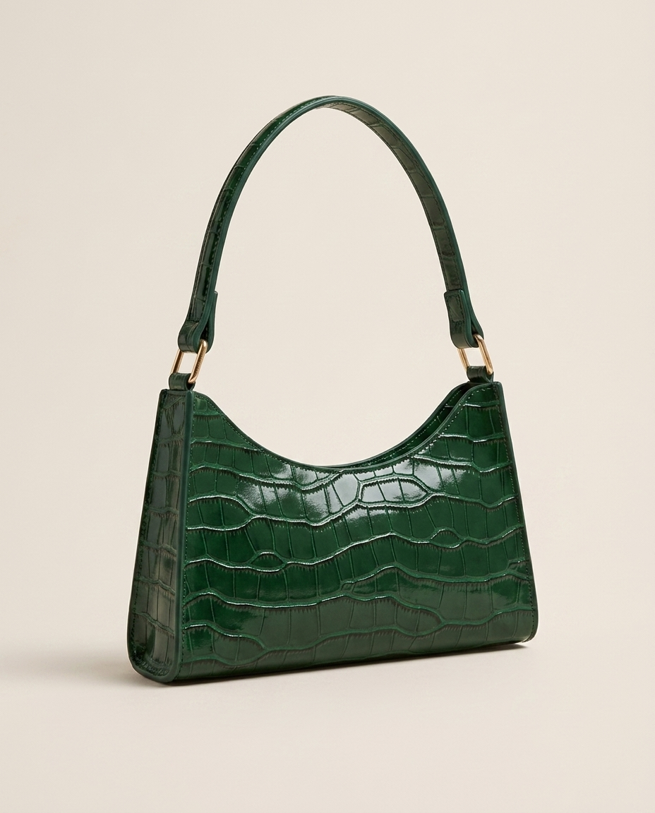 Vireya Croc Effect Shoulder Bag Curved Shape Zip Closure Black