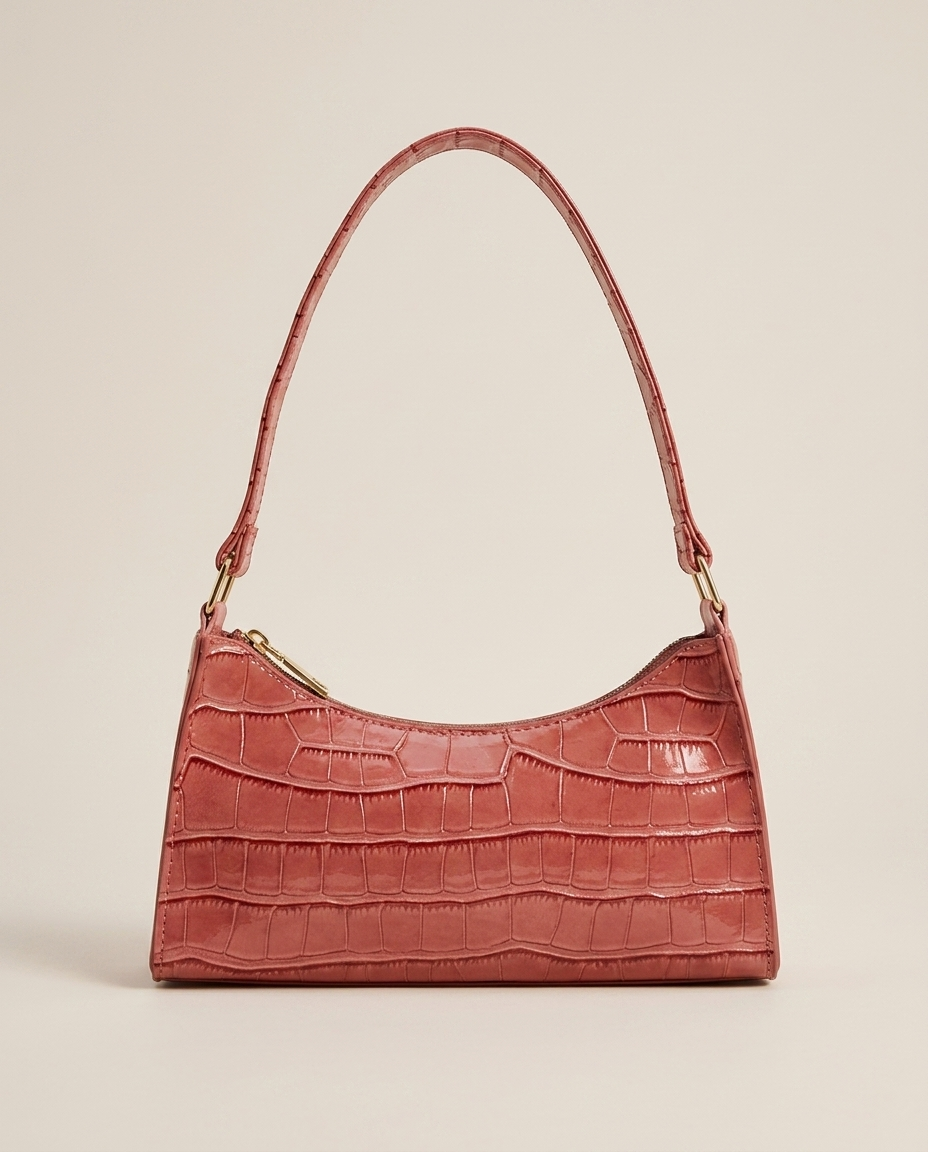 Vireya Croc Effect Shoulder Bag Curved Shape Zip Closure Black