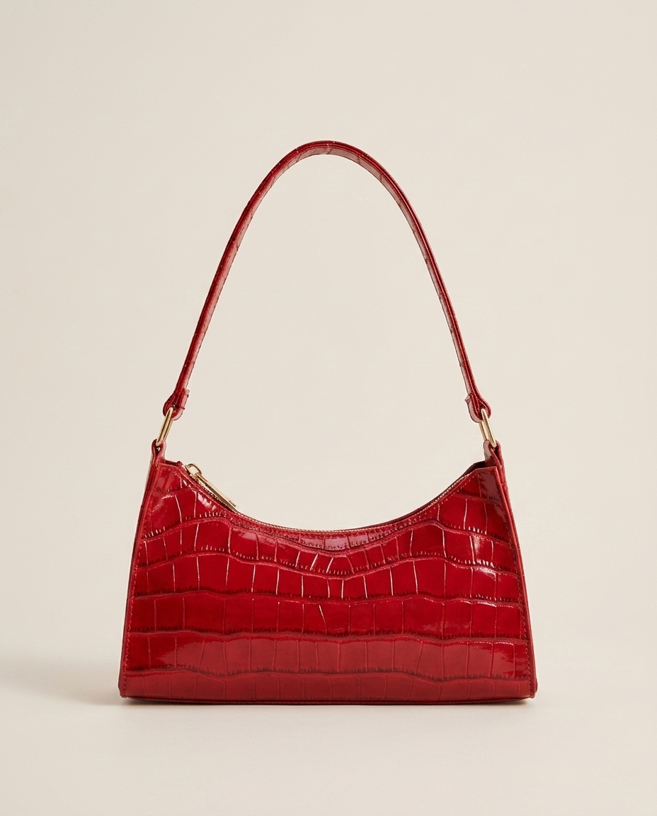 Vireya Croc Effect Shoulder Bag Curved Shape Zip Closure Black