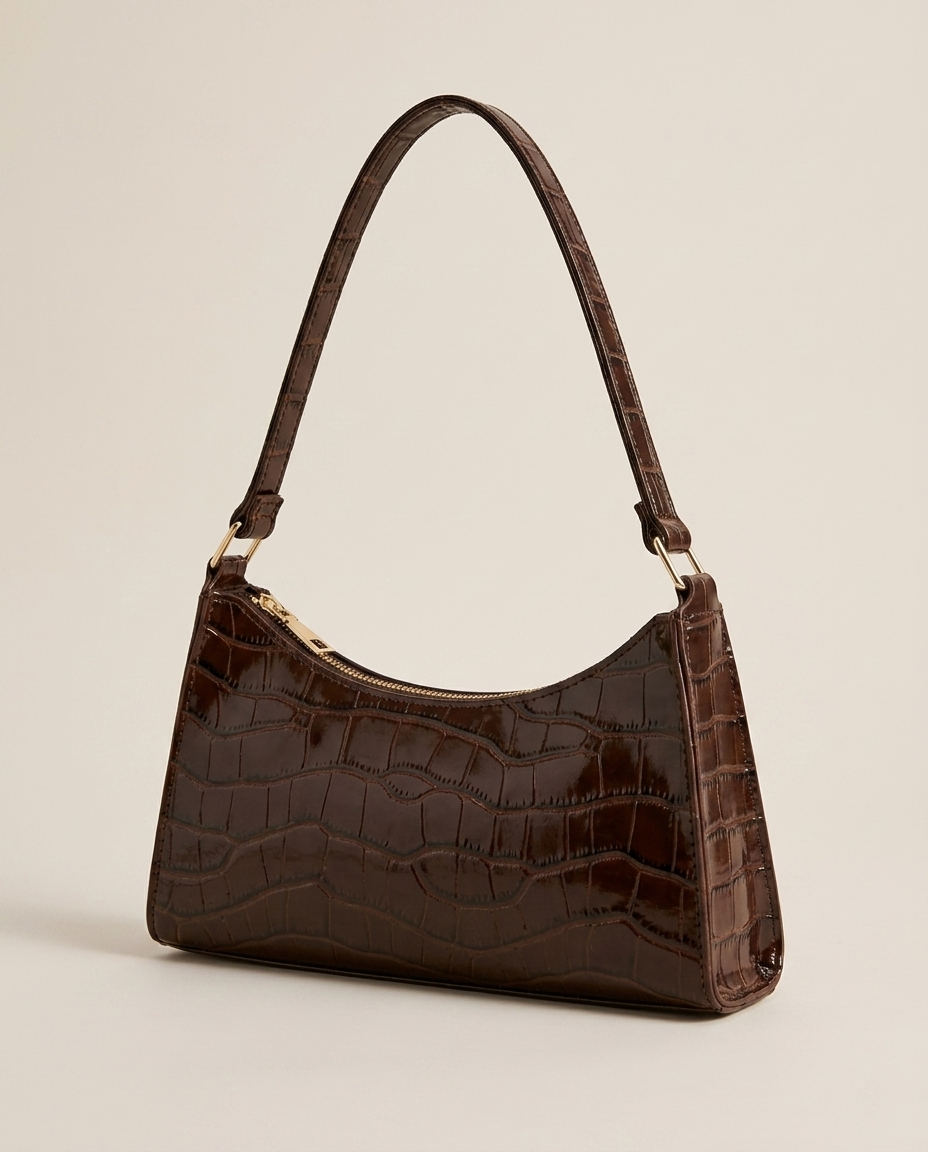 Vireya Croc Effect Shoulder Bag Curved Shape Zip Closure Black