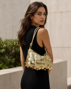 Ysella Sequin Shoulder Bag Ruched Shape Short Top Handle Gold