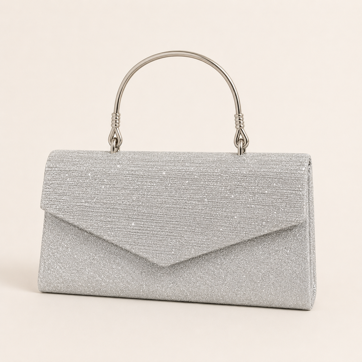 Zirel Glitter Clutch Bag Structured Shape Detachable Chain Strap Silver